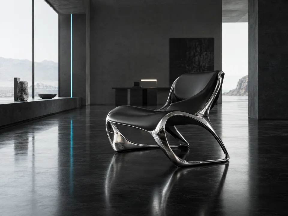 Concept visivo: una poltrona scultorea in acciaio e pelle nera in uno spazio architettonico
