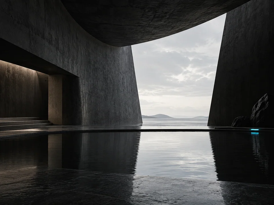 Concept visivo: architettura scura con una piscina riflettente aperta su un paesaggio costiero